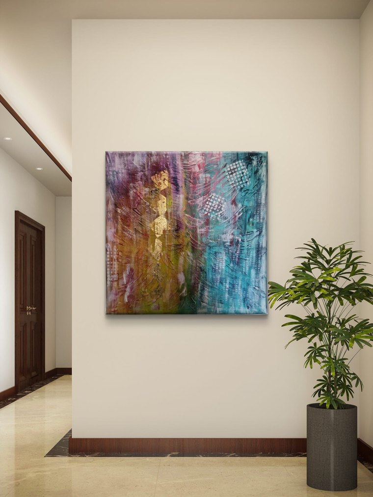 Goldader – abstraktes Acrylbild in Türkis, Rosa und Blattgold – an der Wand im Raum