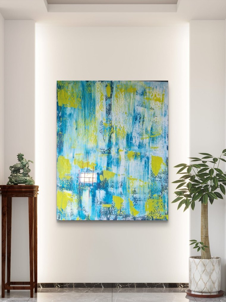 Lichtfenster – abstraktes Acrylbild in Türkis, Weiß und Gelbgrün – an der Wand im Raum
