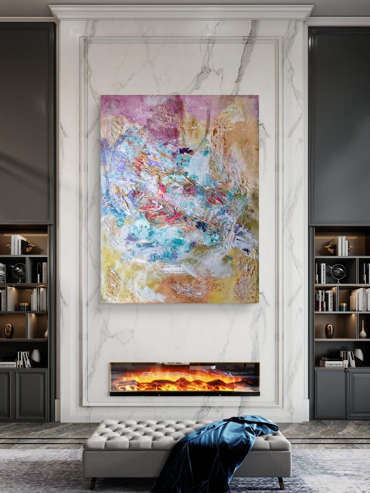 Türkistraum – abstraktes Mixed-Media-Bild in Türkis, Rosa und Gold mit Struktur – an der Wand im Raum