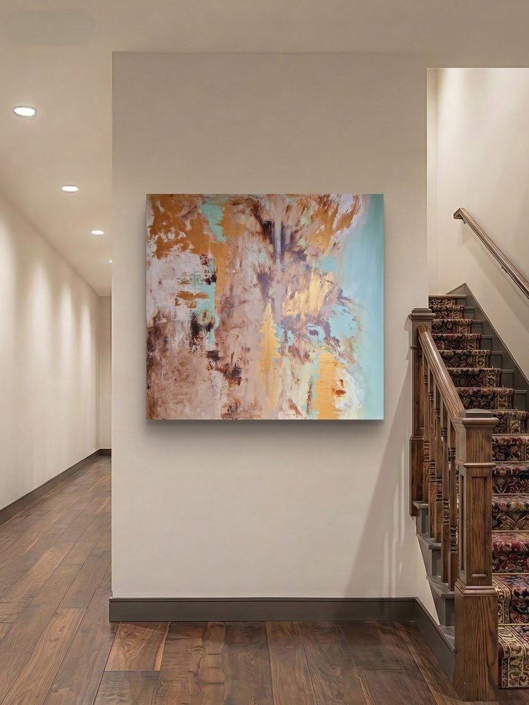 Verkauftes abstraktes Acrylbild in Ocker, Braun und Salbeigrün