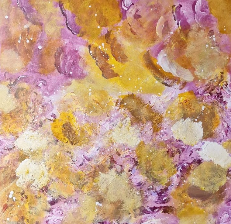 Rosenschimmer – abstraktes Acrylbild in Rosa und Gold