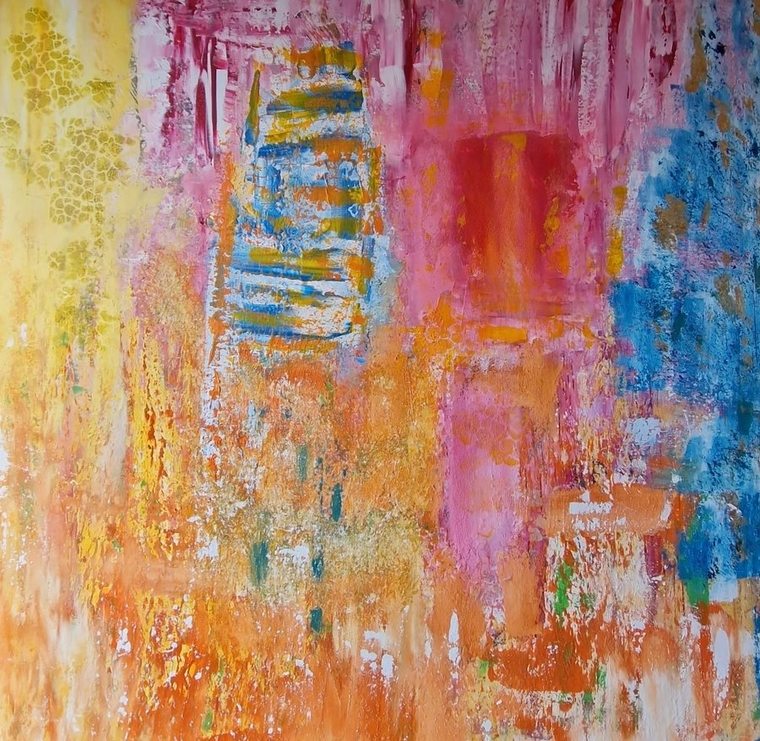 Sonnenaufgang – abstraktes Acrylbild in Orange, Pink und Blau
